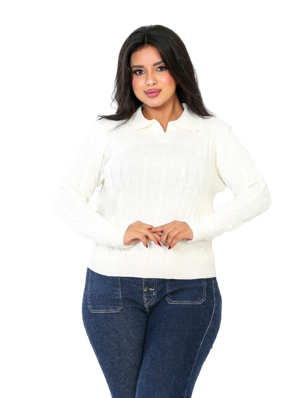 Textured Rib Polo Blouse - Off White