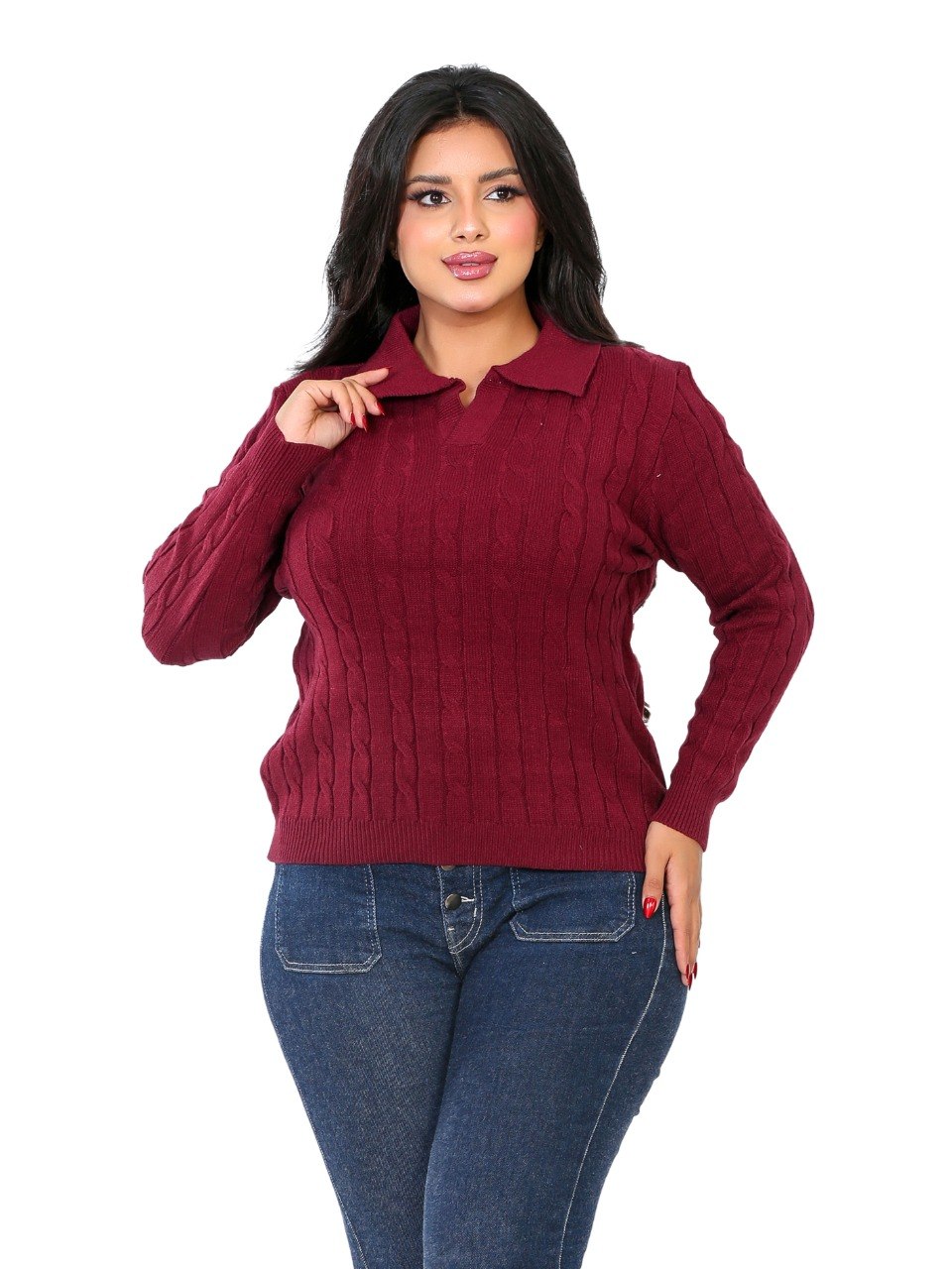 Textured Rib Polo Blouse - Burgundy