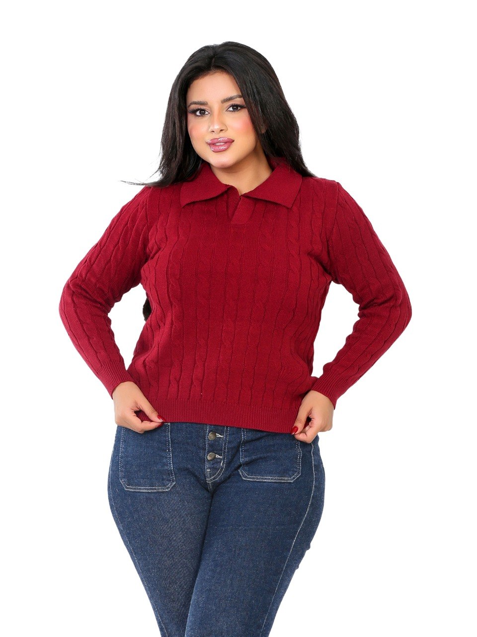 Textured Rib Polo Blouse - Burgundy