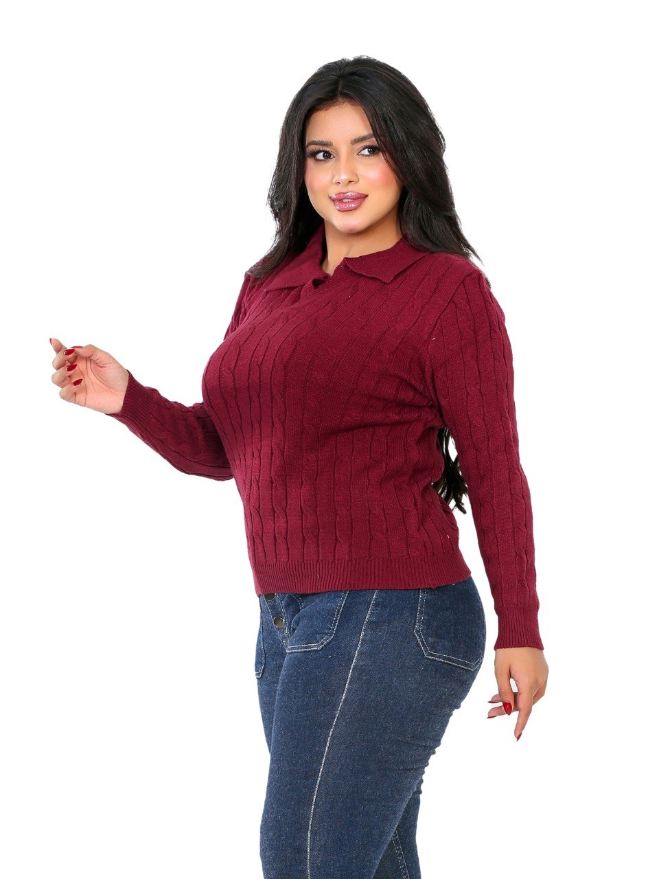 Textured Rib Polo Blouse - Burgundy