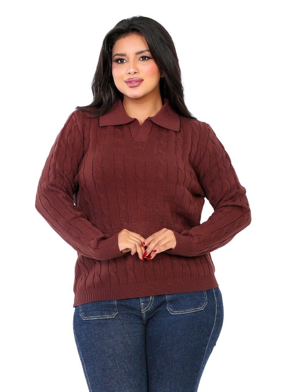 Textured Rib Polo Blouse - Brown