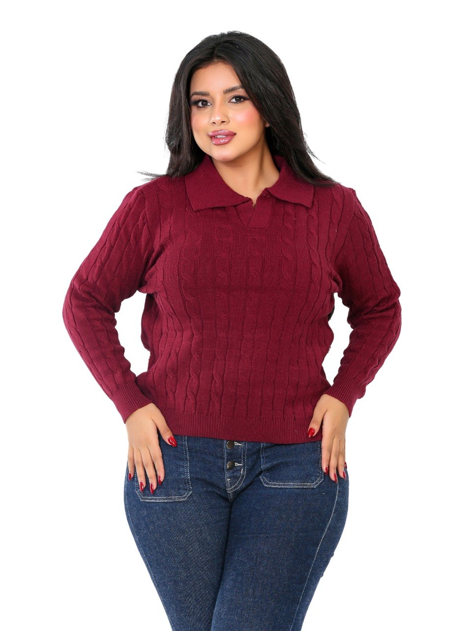 Textured Rib Polo Blouse - Burgundy