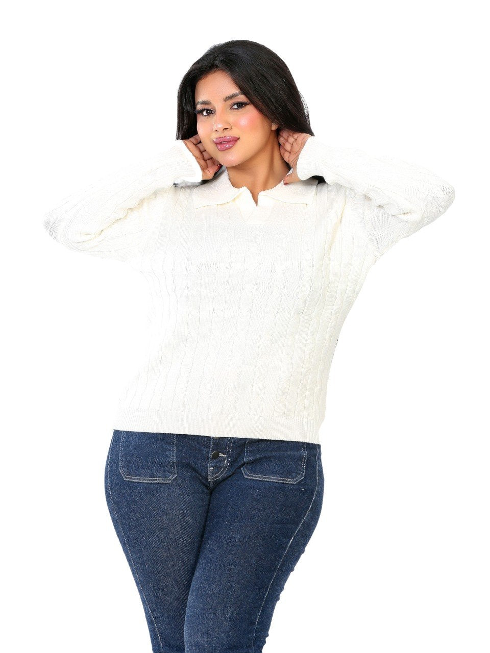 Textured Rib Polo Blouse - Off White