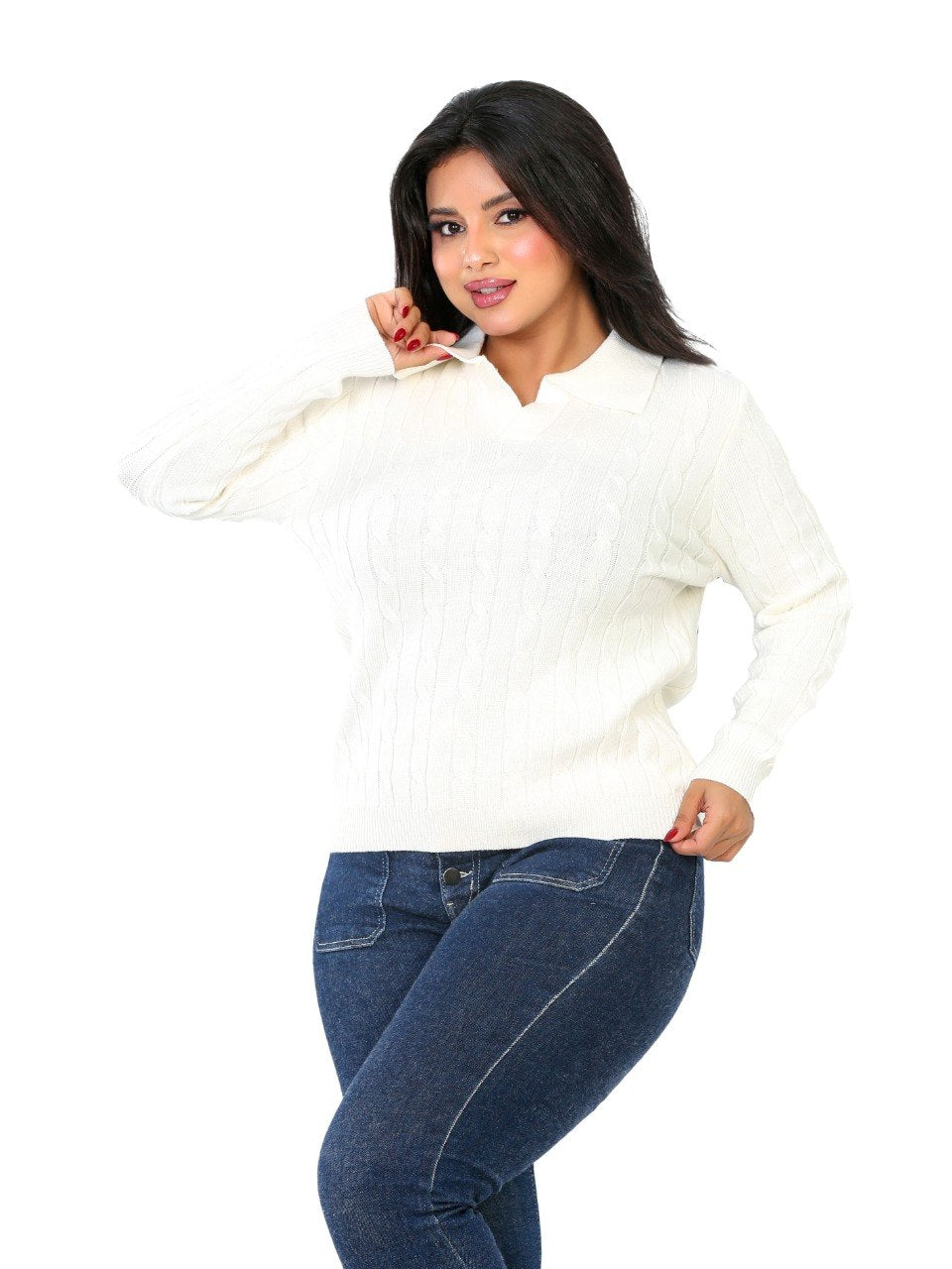 Textured Rib Polo Blouse - Off White