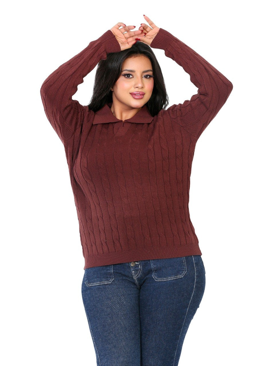 Textured Rib Polo Blouse - Brown