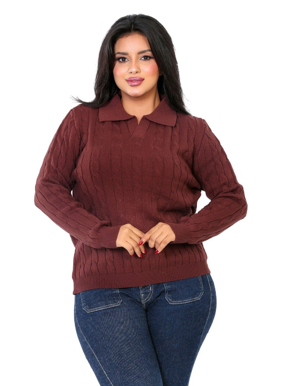 Textured Rib Polo Blouse - Brown