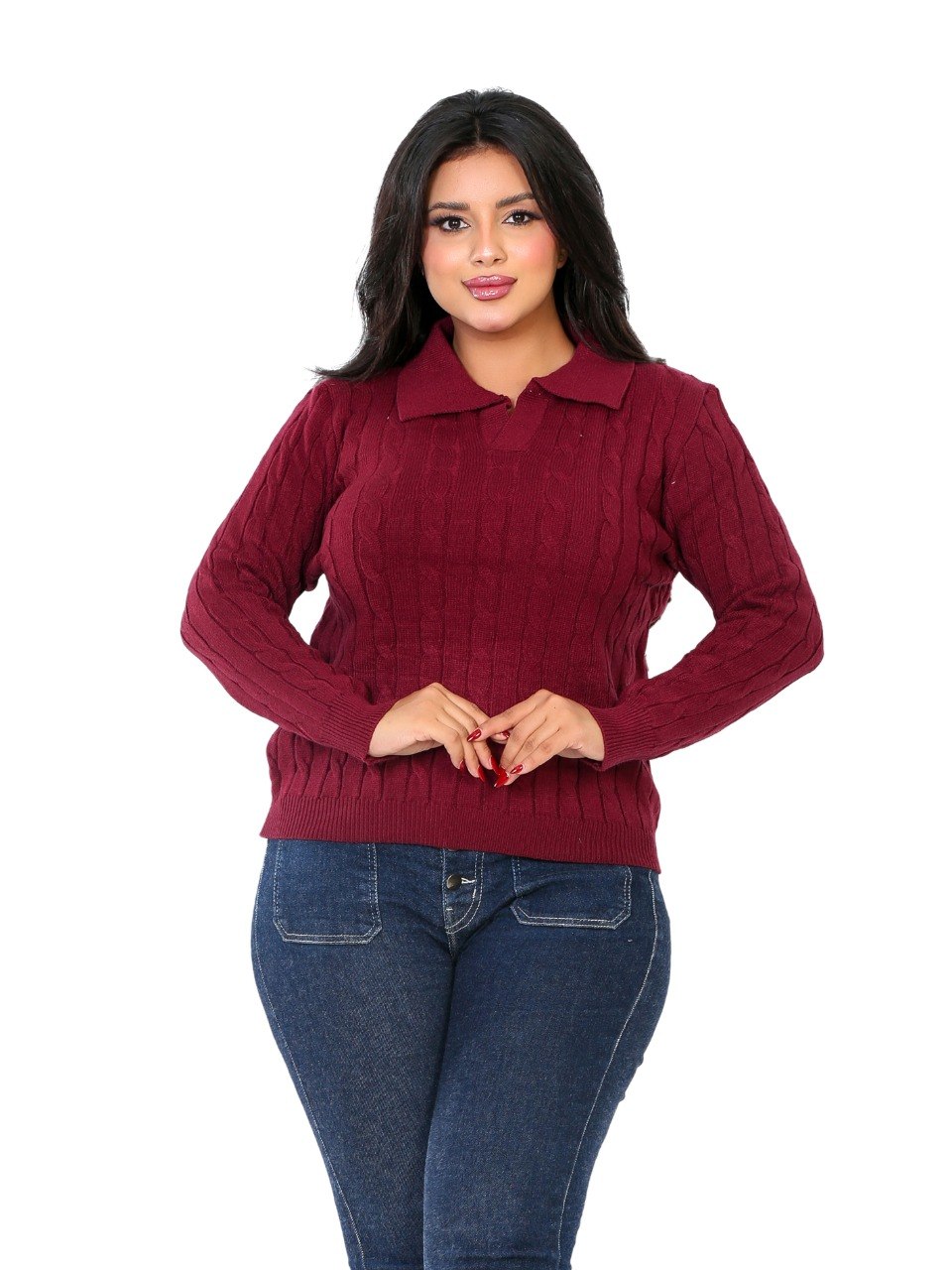 Textured Rib Polo Blouse - Burgundy