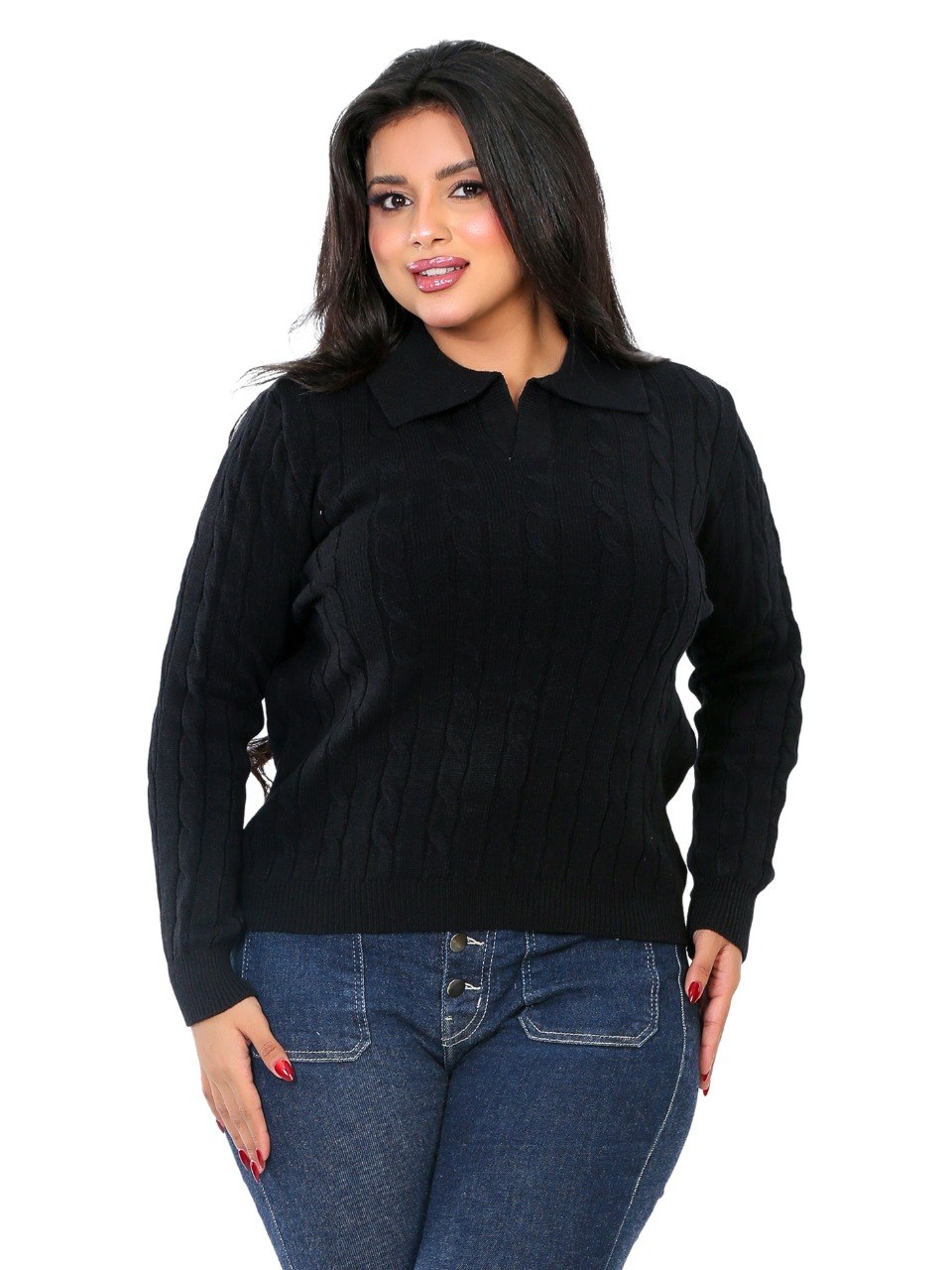 Textured Rib Polo Blouse - Black