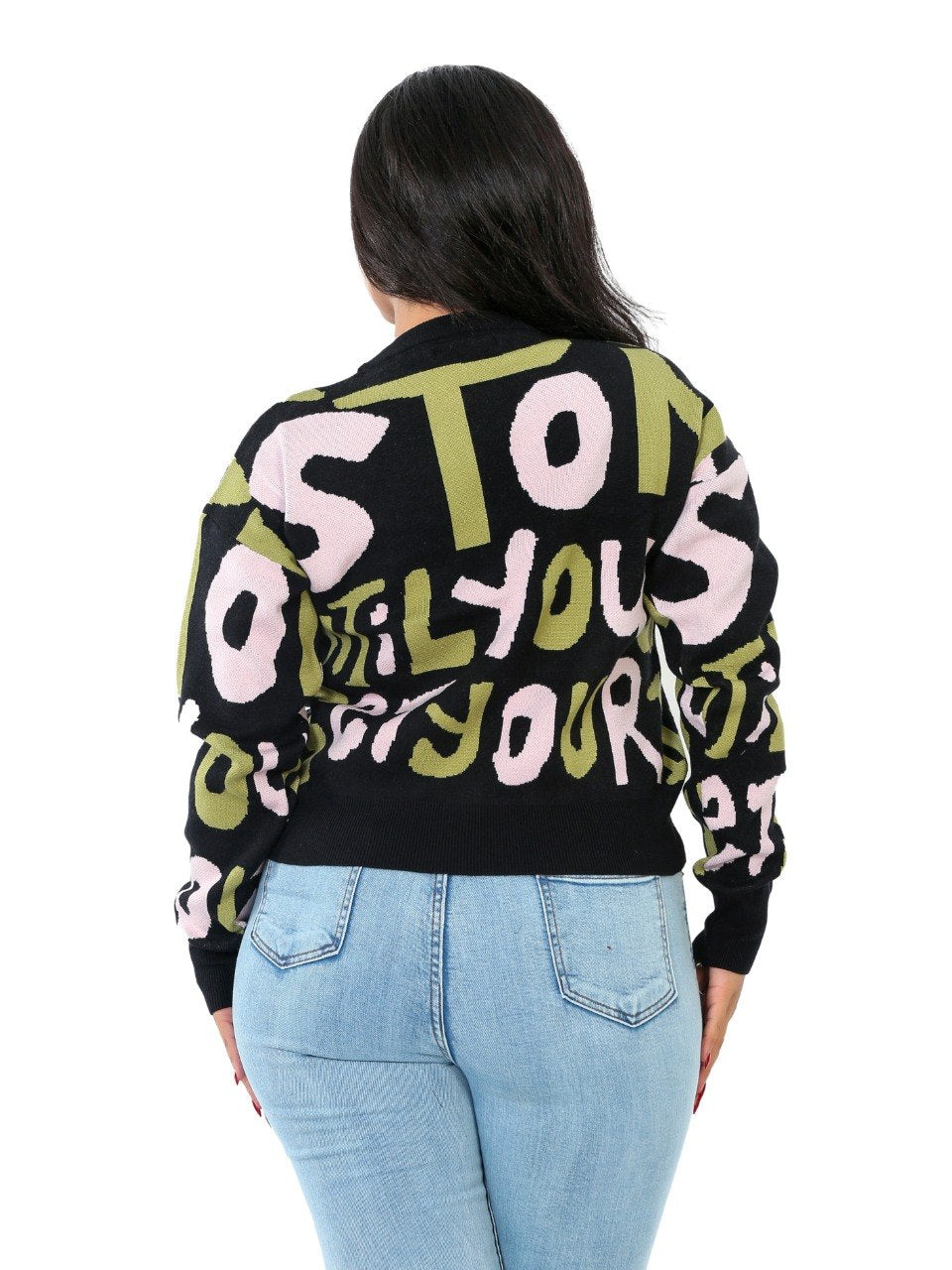 Letter Print Knit Blouse - Black