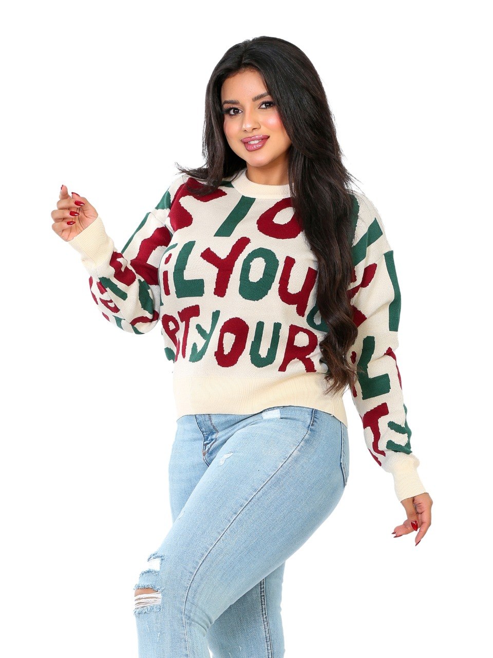 Letter Print Knit Blouse - Cream