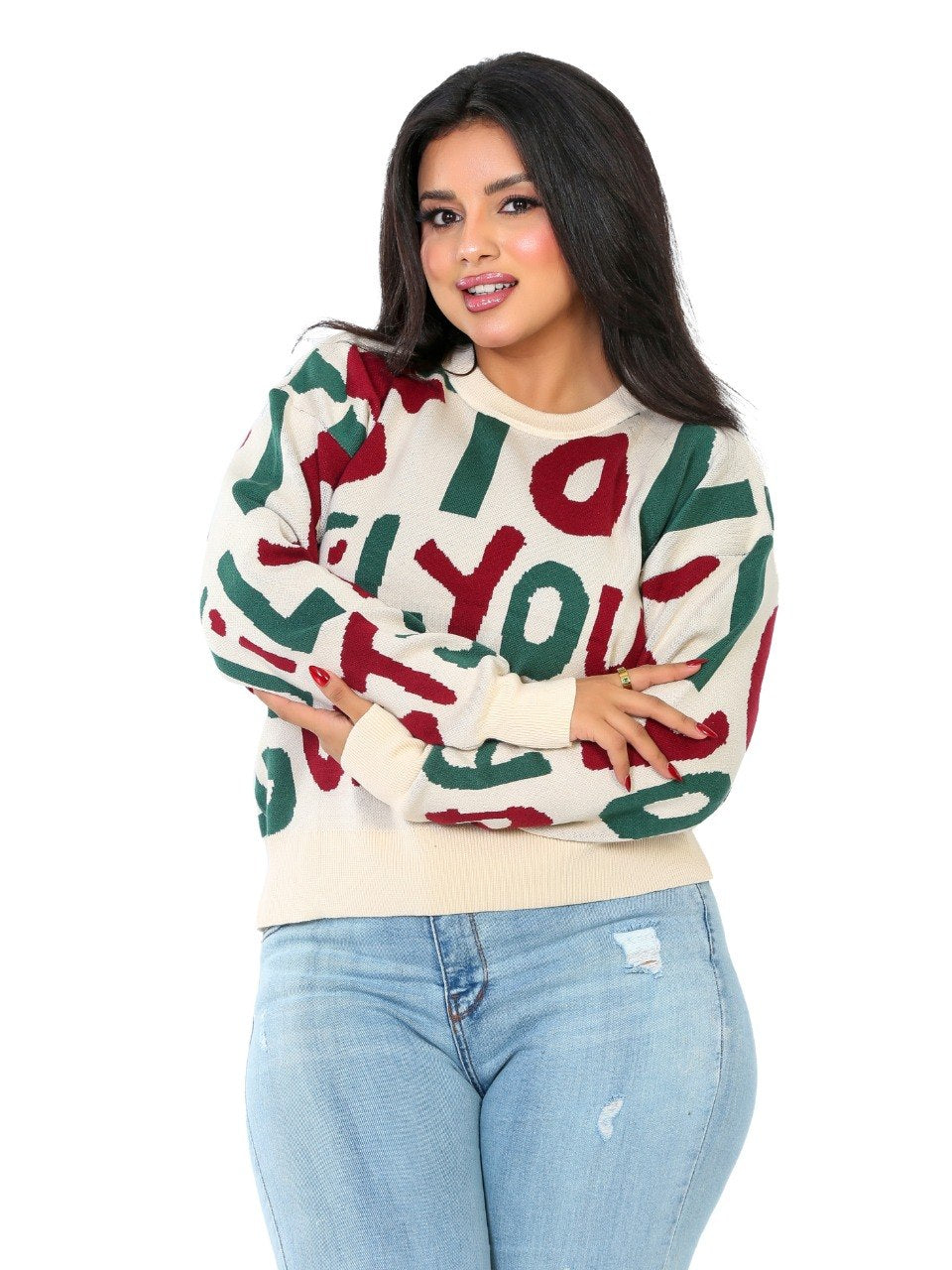 Letter Print Knit Blouse - Cream