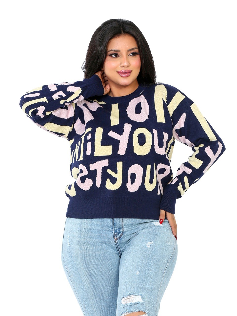 Letter Print Knit Blouse - Navy