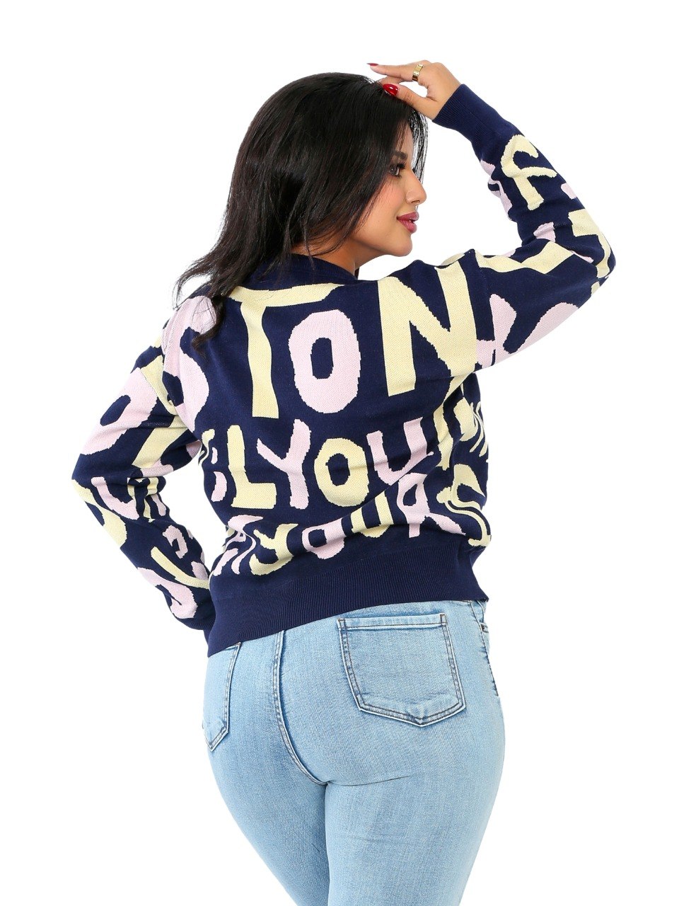 Letter Print Knit Blouse - Navy