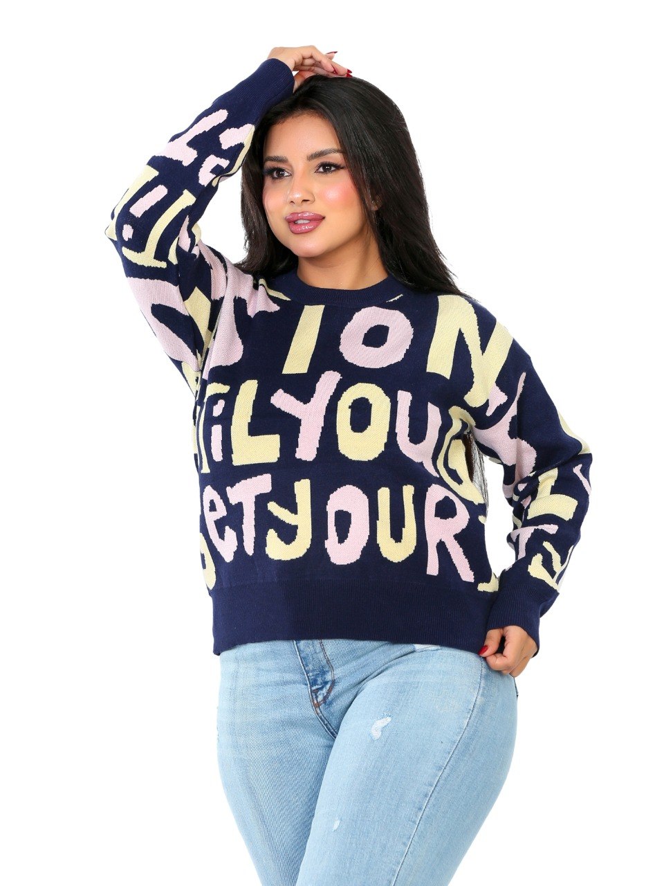 Letter Print Knit Blouse - Navy