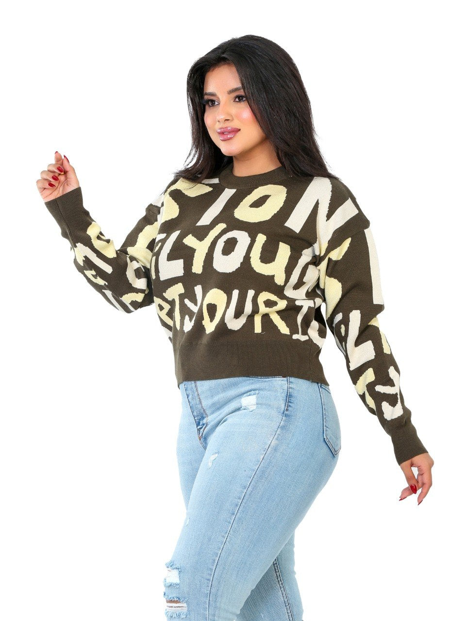 Letter Print Knit Blouse - Olive