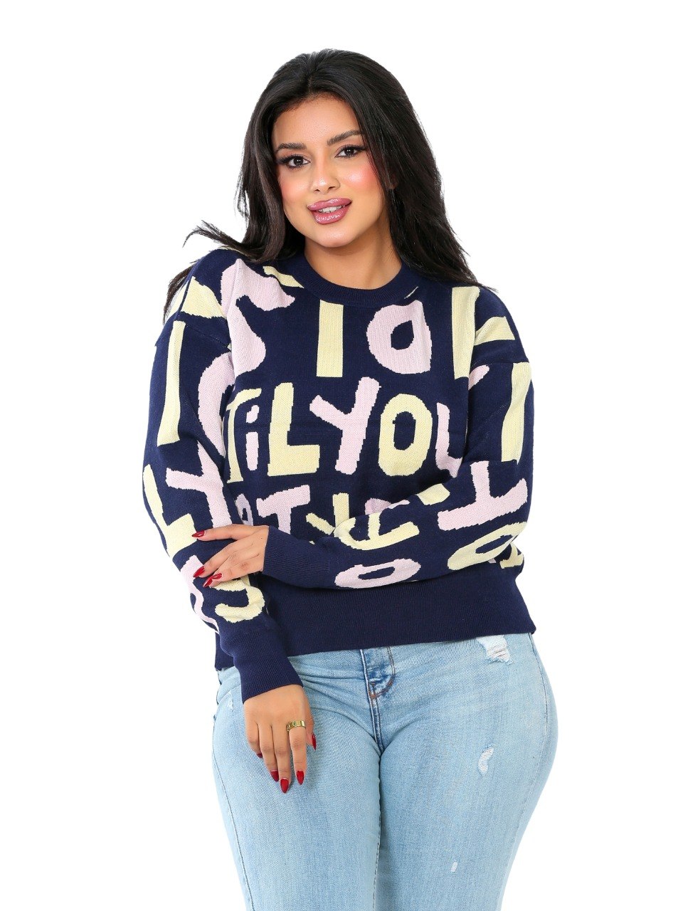 Letter Print Knit Blouse - Navy