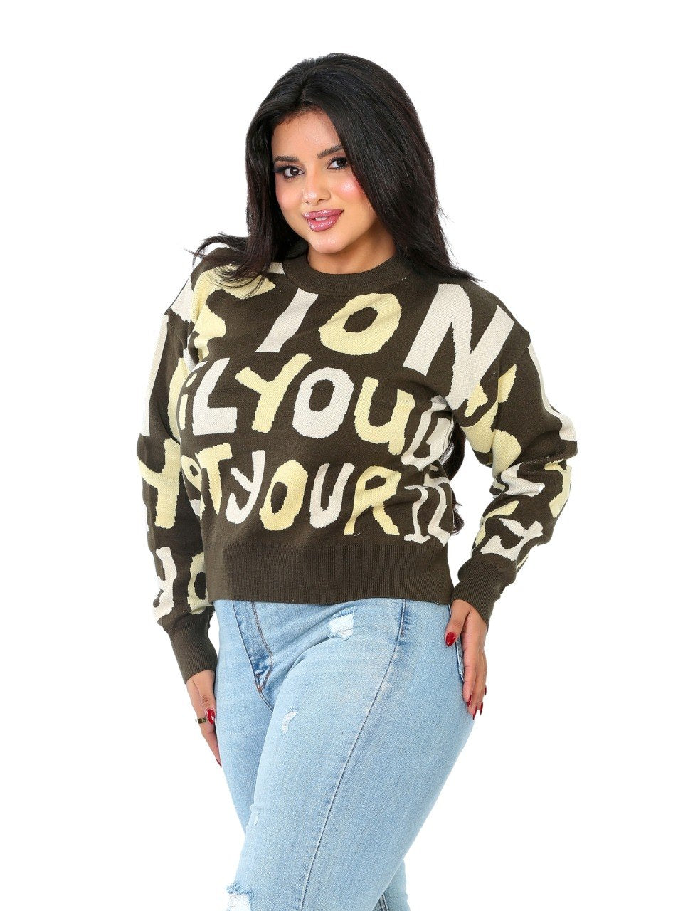 Letter Print Knit Blouse - Olive
