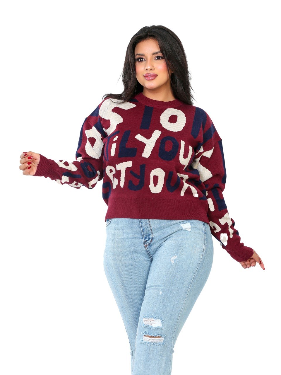 Letter Print Knit Blouse - Burgundy