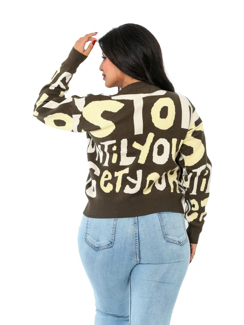 Letter Print Knit Blouse - Olive
