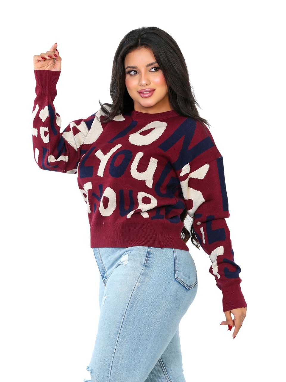 Letter Print Knit Blouse - Burgundy