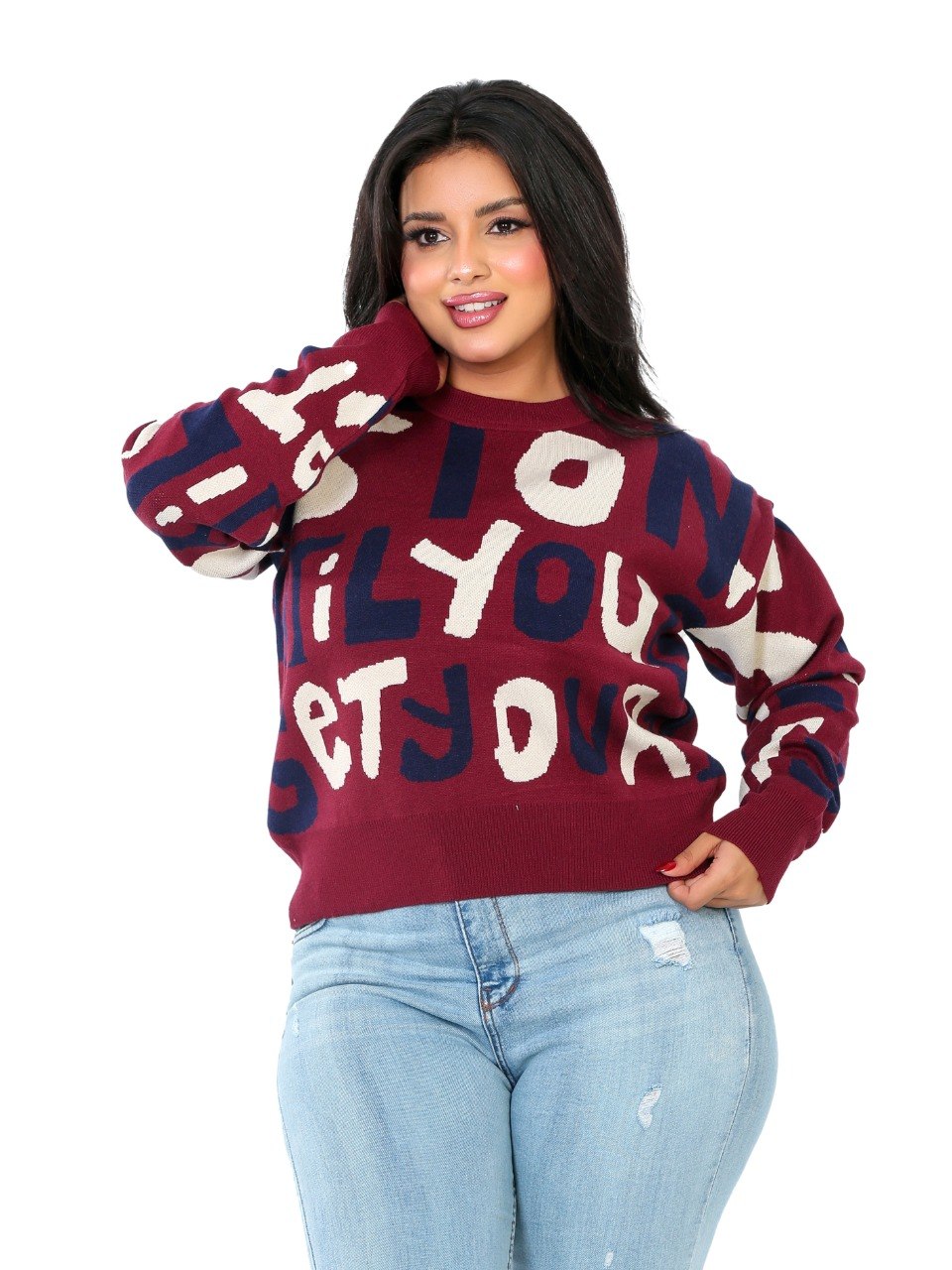 Letter Print Knit Blouse - Burgundy
