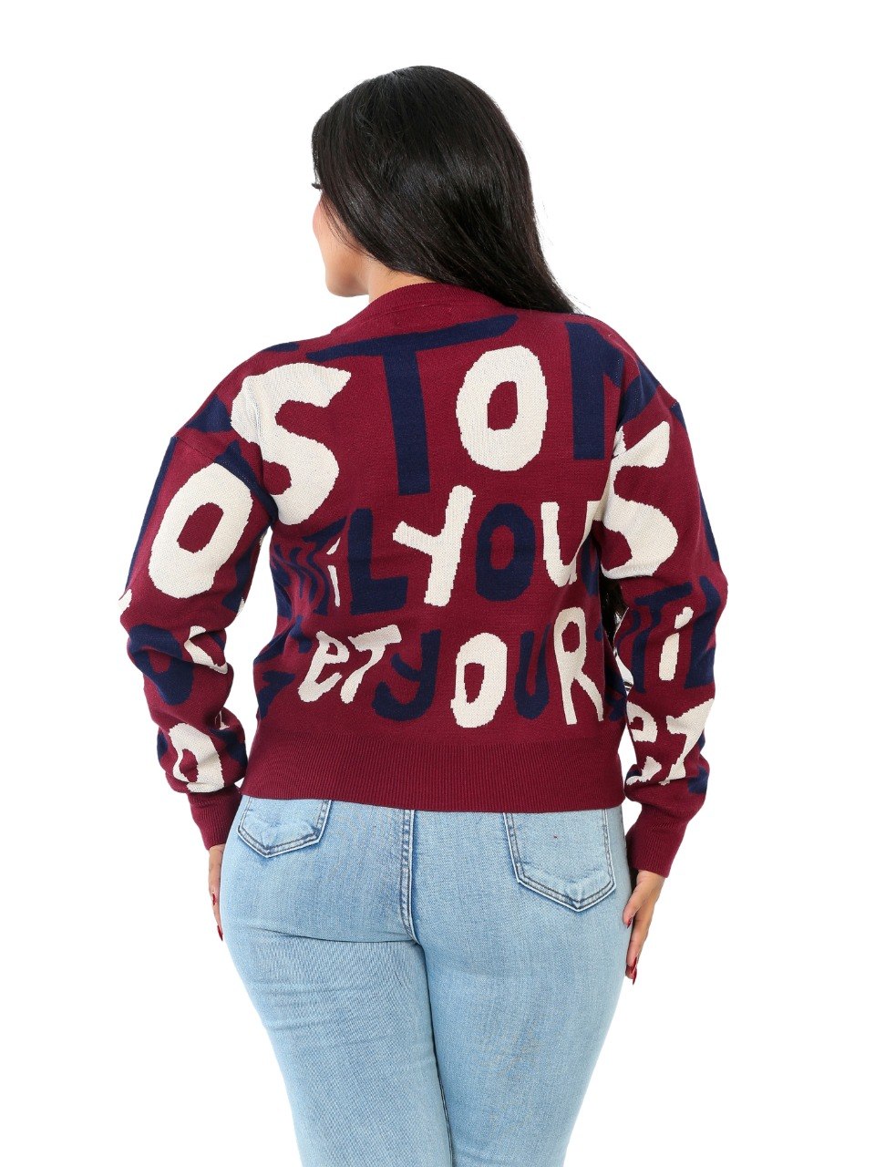 Letter Print Knit Blouse - Burgundy