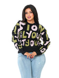 Letter Print Knit Blouse - Black