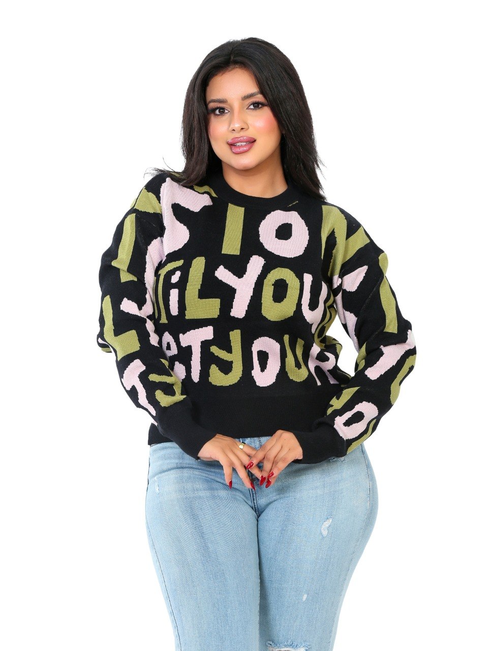 Letter Print Knit Blouse - Black