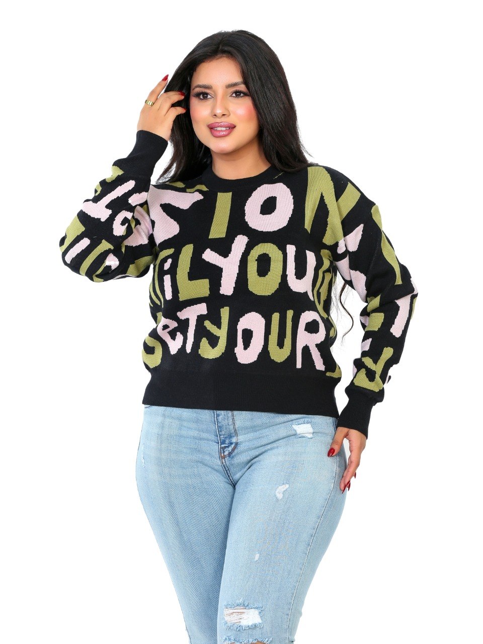 Letter Print Knit Blouse - Black