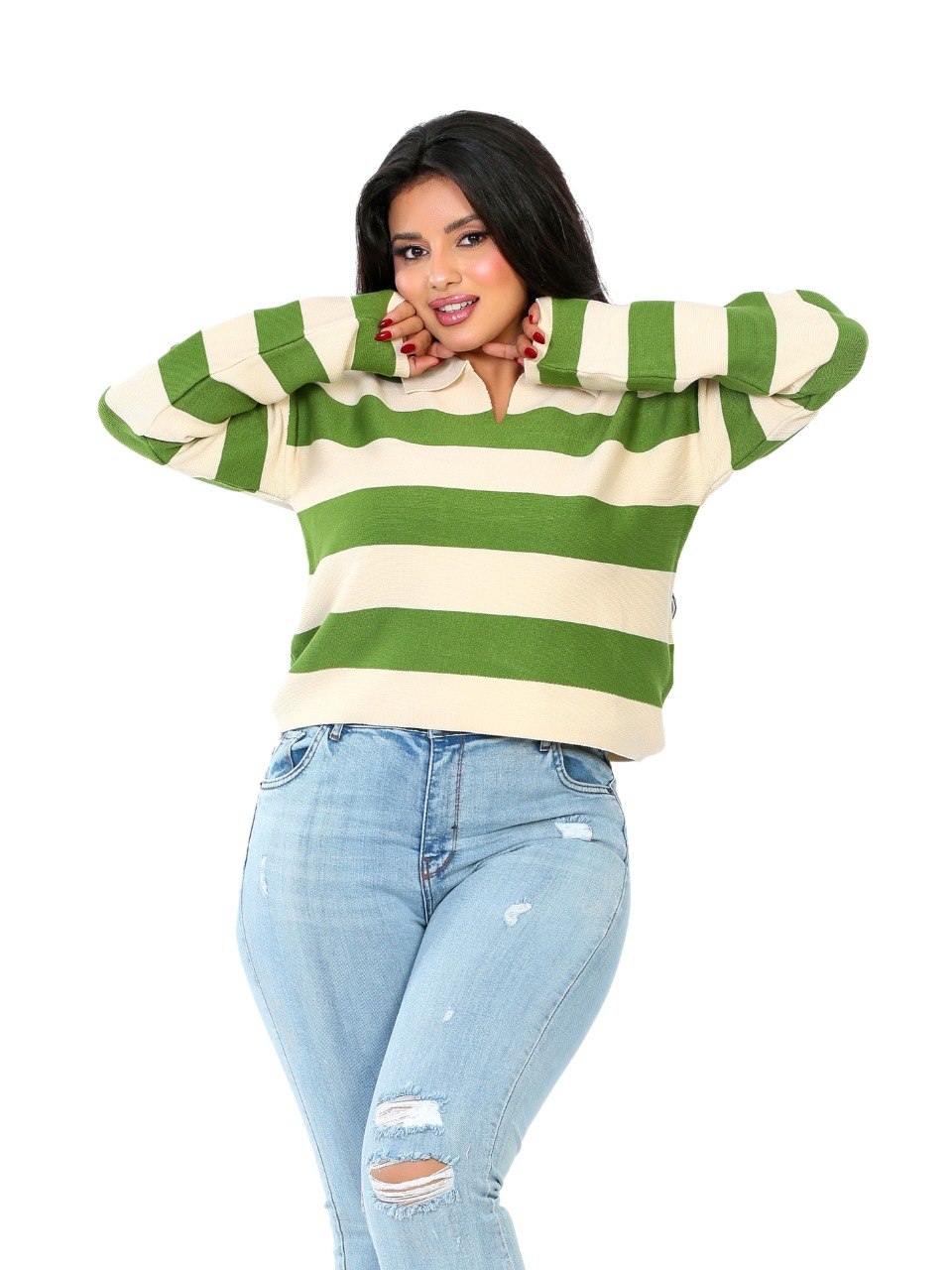 Rugby Stripe Polo Blouse - Olive
