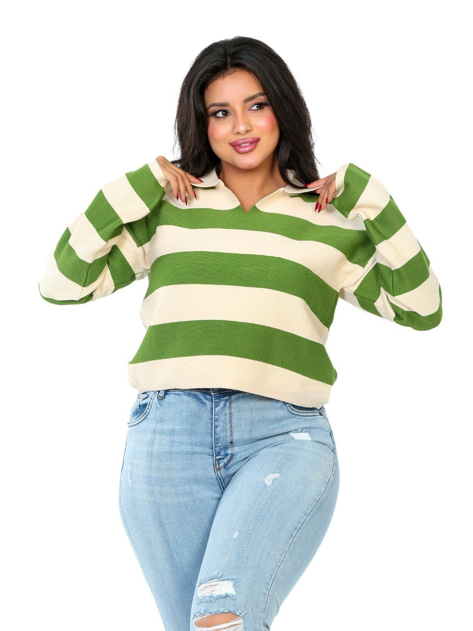 Rugby Stripe Polo Blouse - Olive