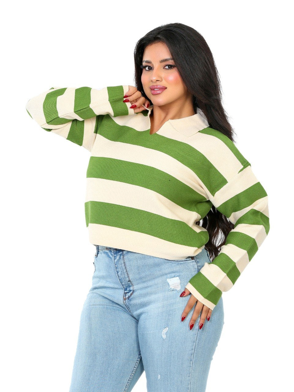 Rugby Stripe Polo Blouse - Olive