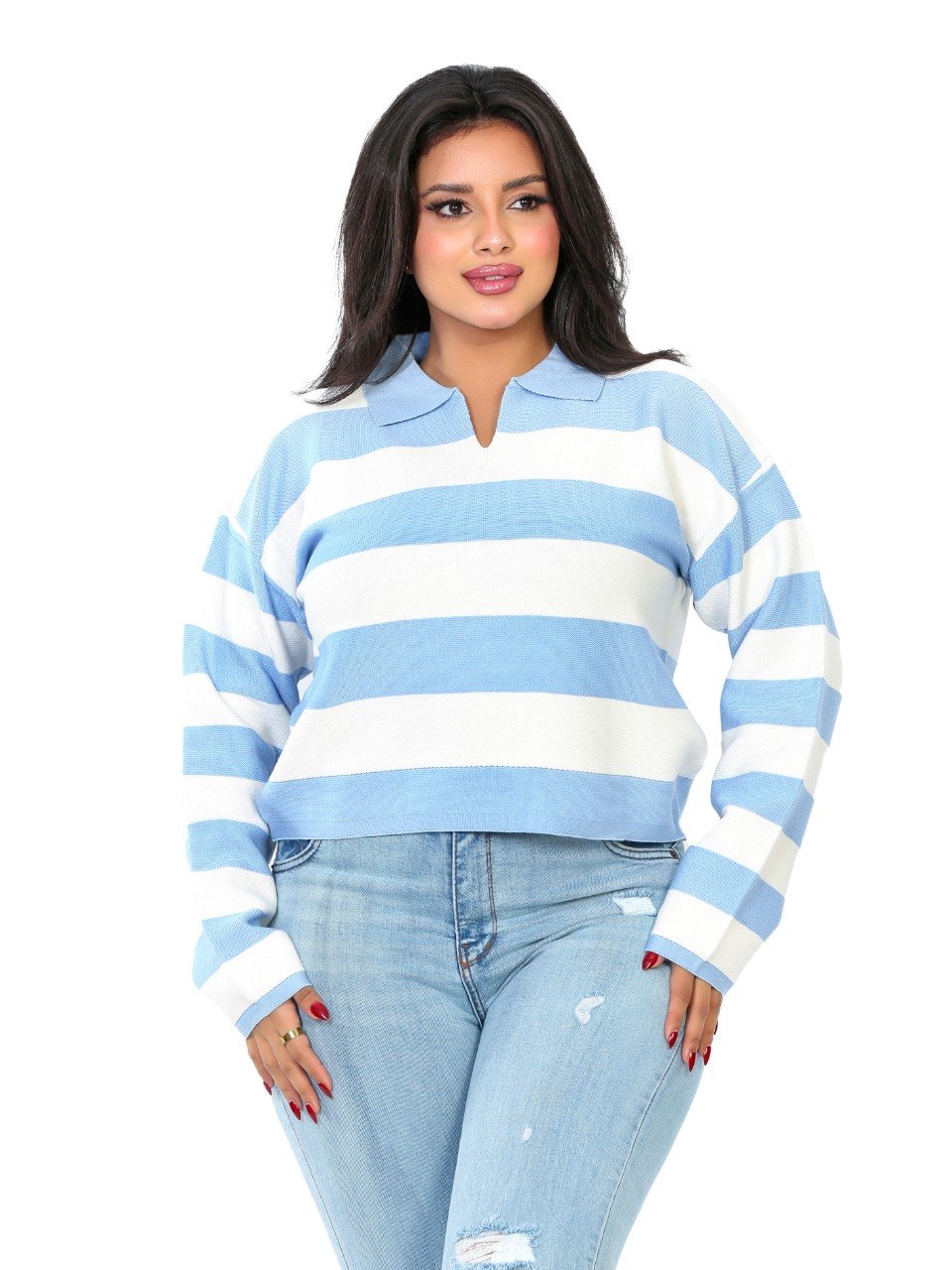 Rugby Stripe Polo Blouse - Baby Blue