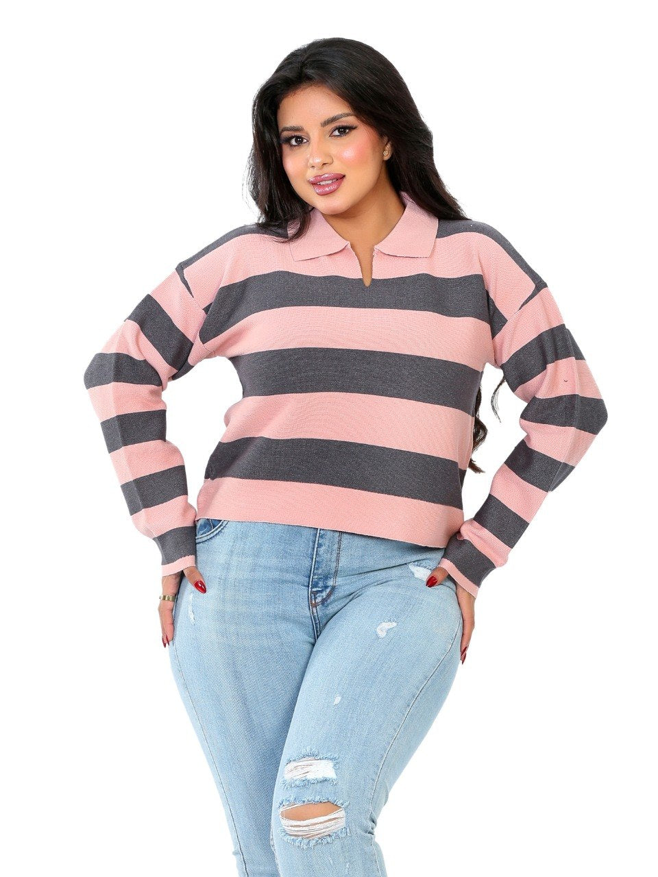 Rugby Stripe Polo Blouse - Pink