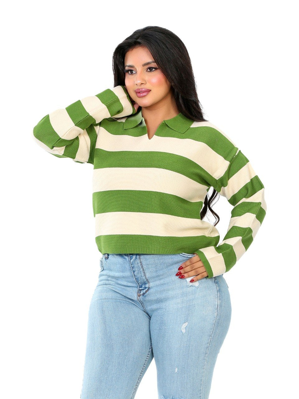 Rugby Stripe Polo Blouse - Olive