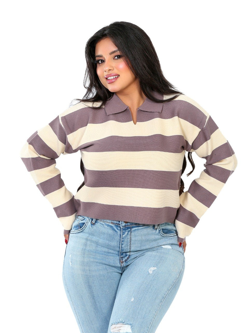 Rugby Stripe Polo Blouse - Mauve