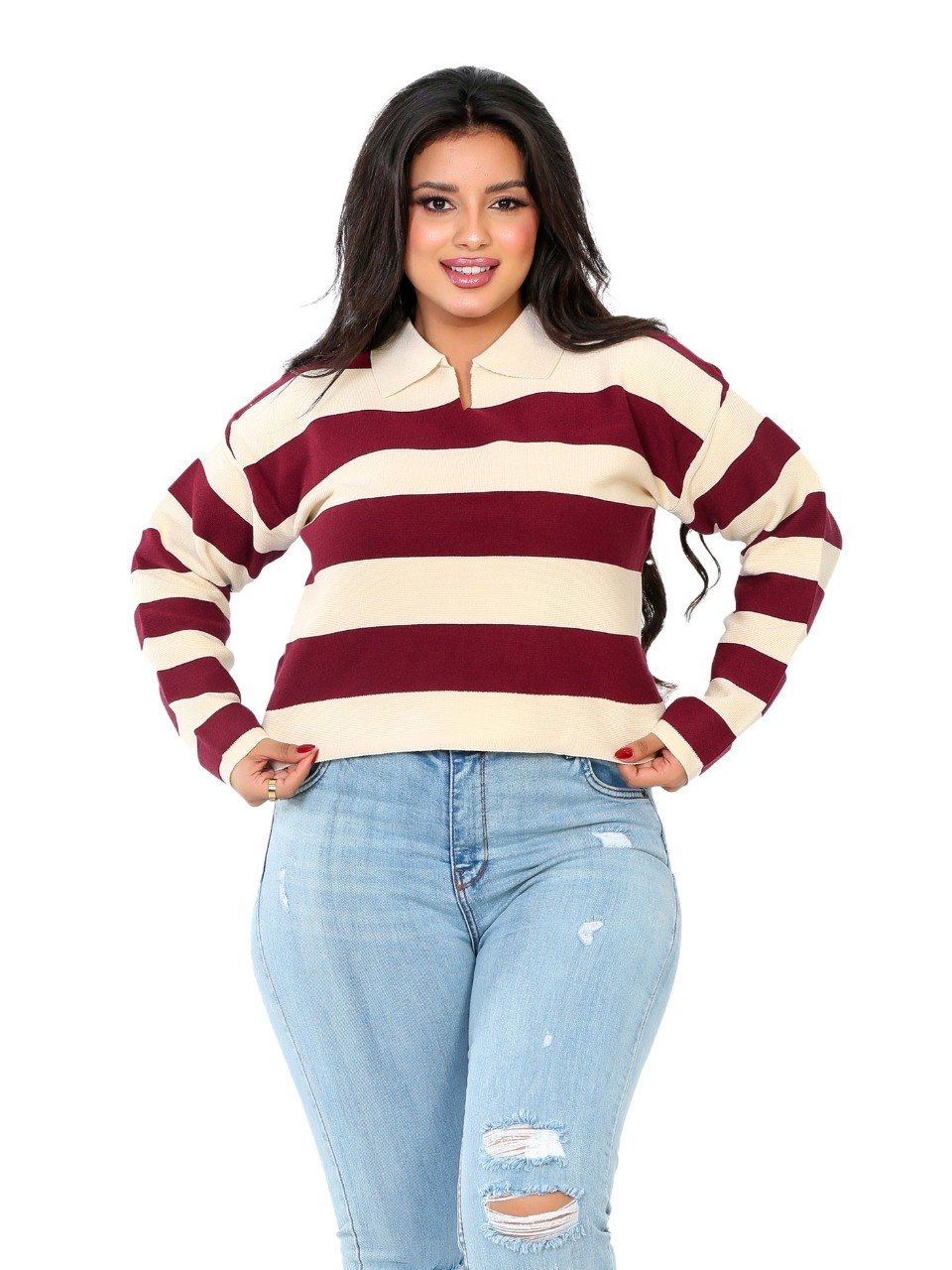 Rugby Stripe Polo Blouse - Burgundy