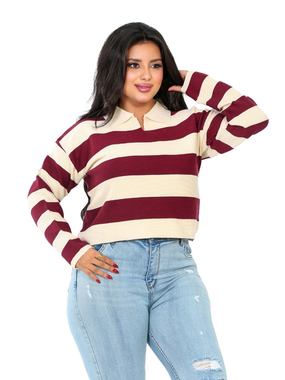 Rugby Stripe Polo Blouse - Burgundy