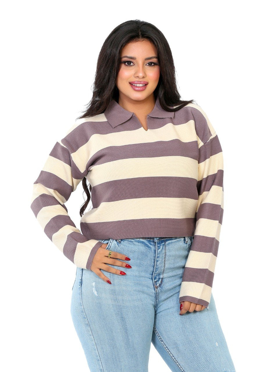 Rugby Stripe Polo Blouse - Mauve