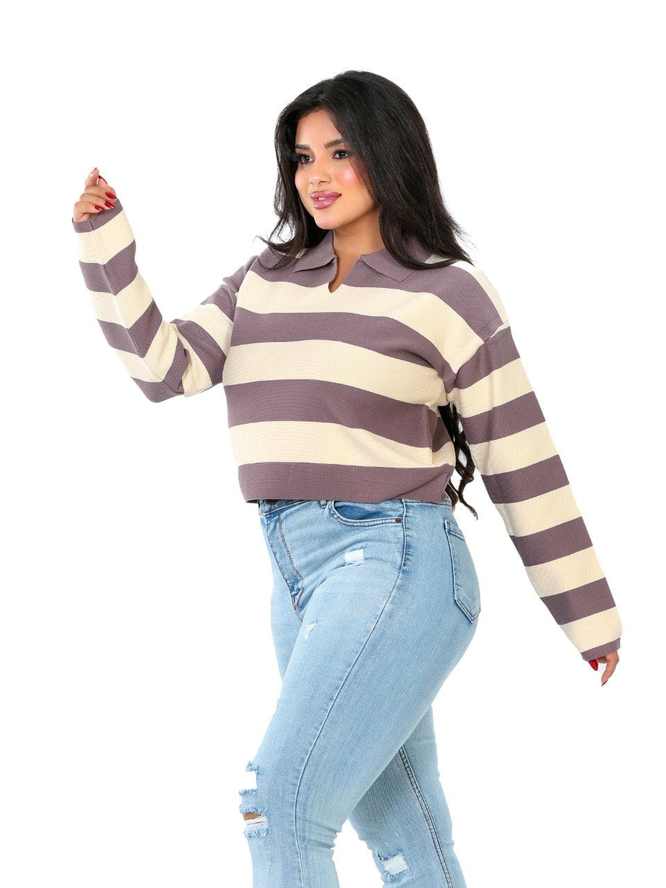 Rugby Stripe Polo Blouse - Mauve