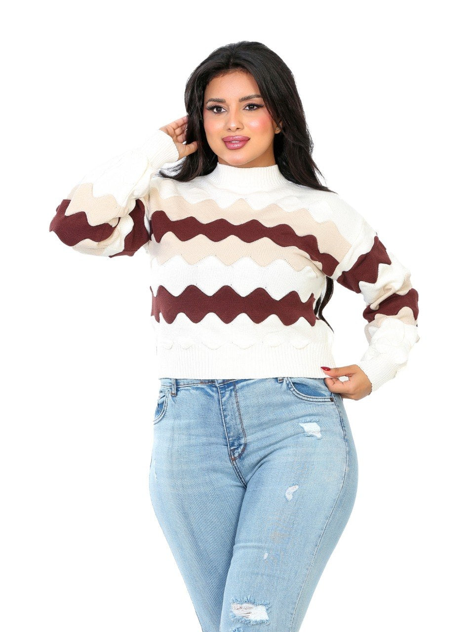 Zigzag Wave Knit Blouse - Burgundy
