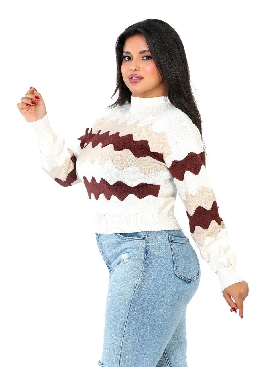 Zigzag Wave Knit Blouse - Burgundy