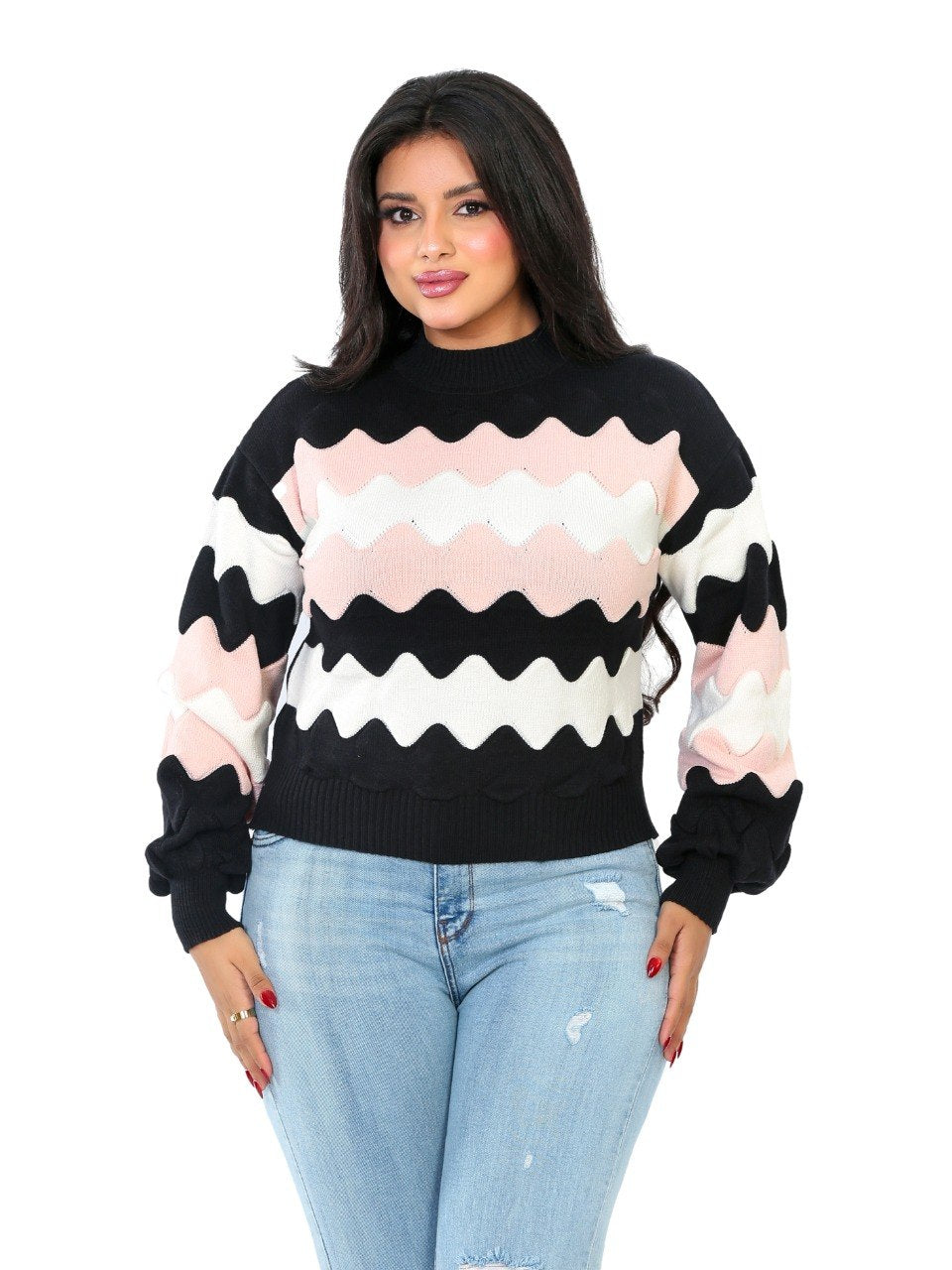 Zigzag Wave Knit Blouse - Black