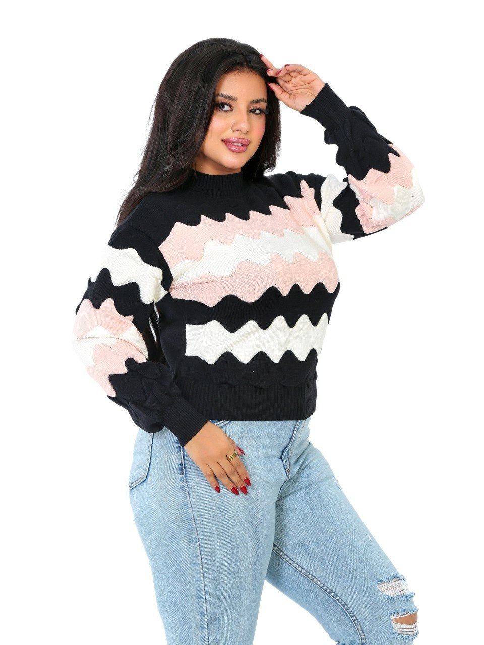 Zigzag Wave Knit Blouse - Black