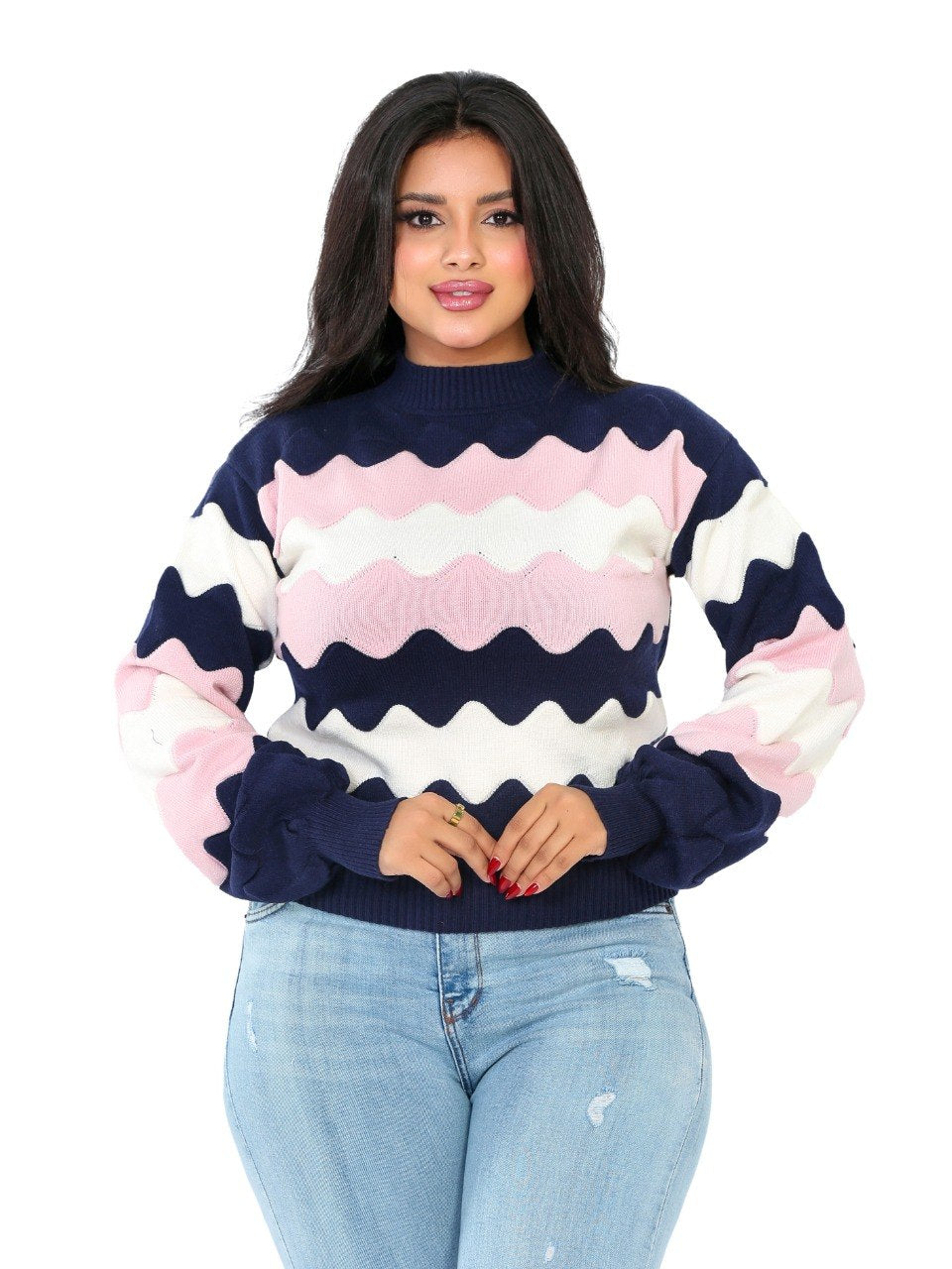 Zigzag Wave Knit Blouse - Navy