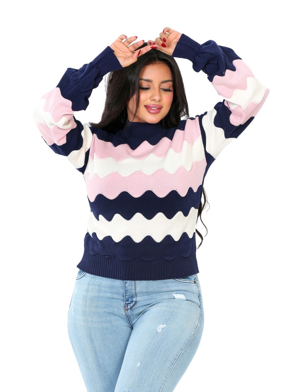 Zigzag Wave Knit Blouse - Navy