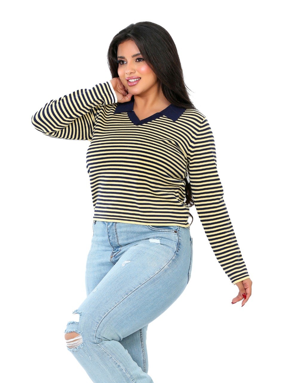 Fine Stripe Contrast Collar Blouse - Olive