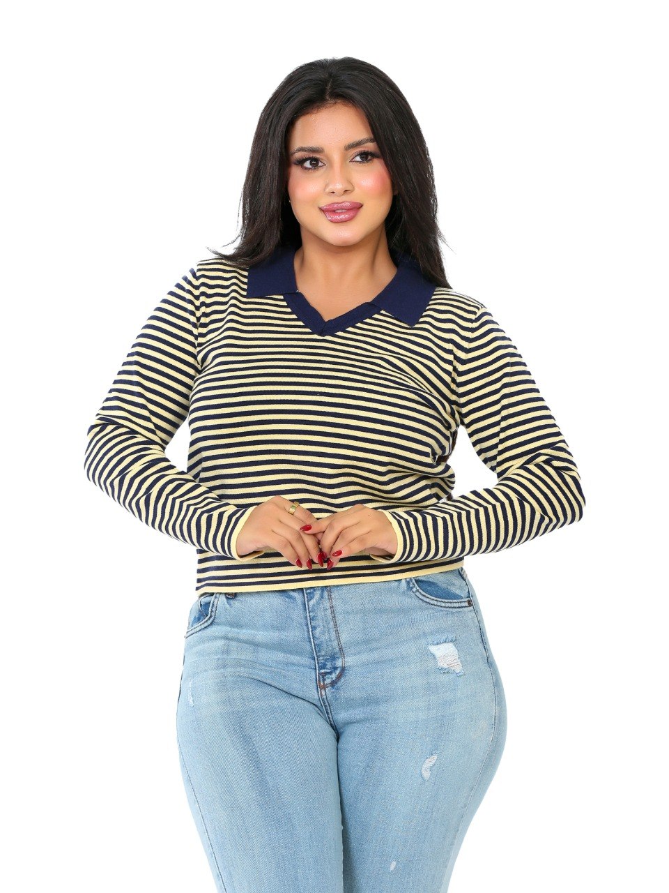 Fine Stripe Contrast Collar Blouse - Olive