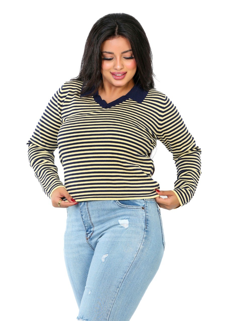 Fine Stripe Contrast Collar Blouse - Olive