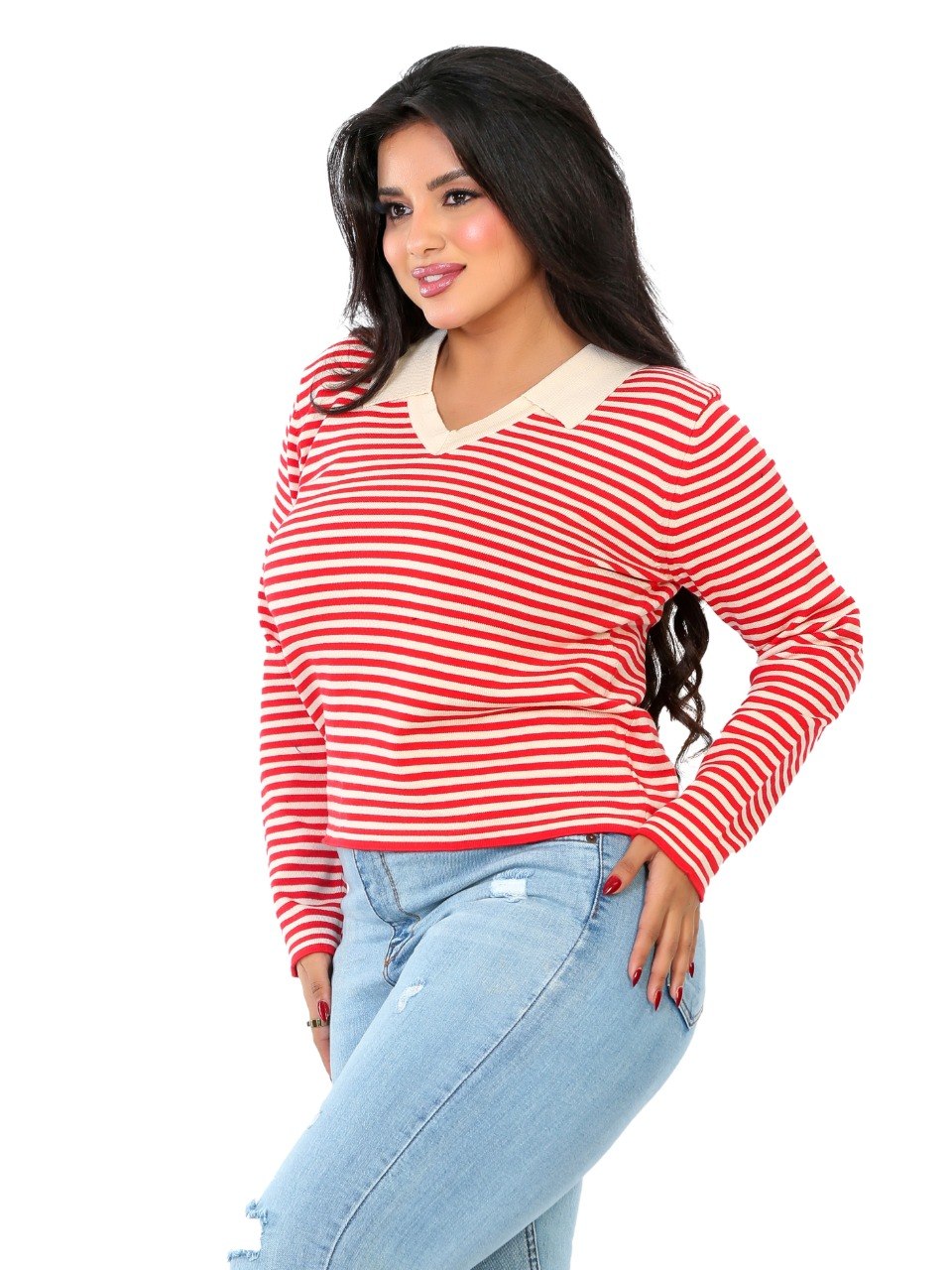 Fine Stripe Contrast Collar Blouse - Red